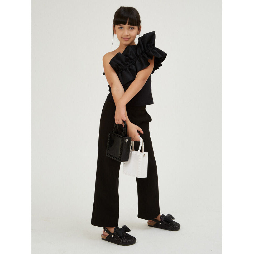 GIRLS BLACK ONE SHOULDER RUFFLE TOP