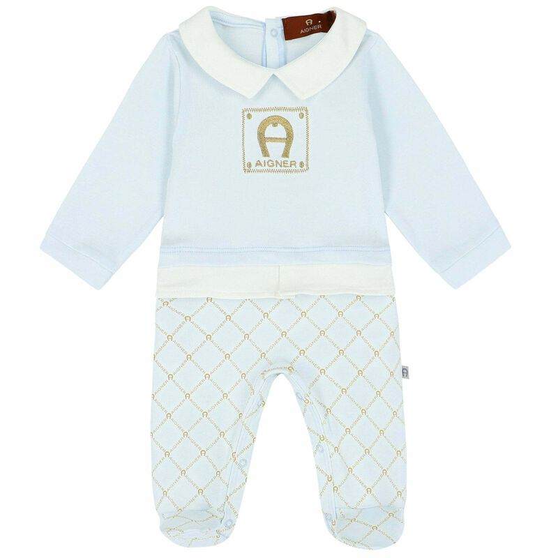 Baby Blue Logo Print Overall Set