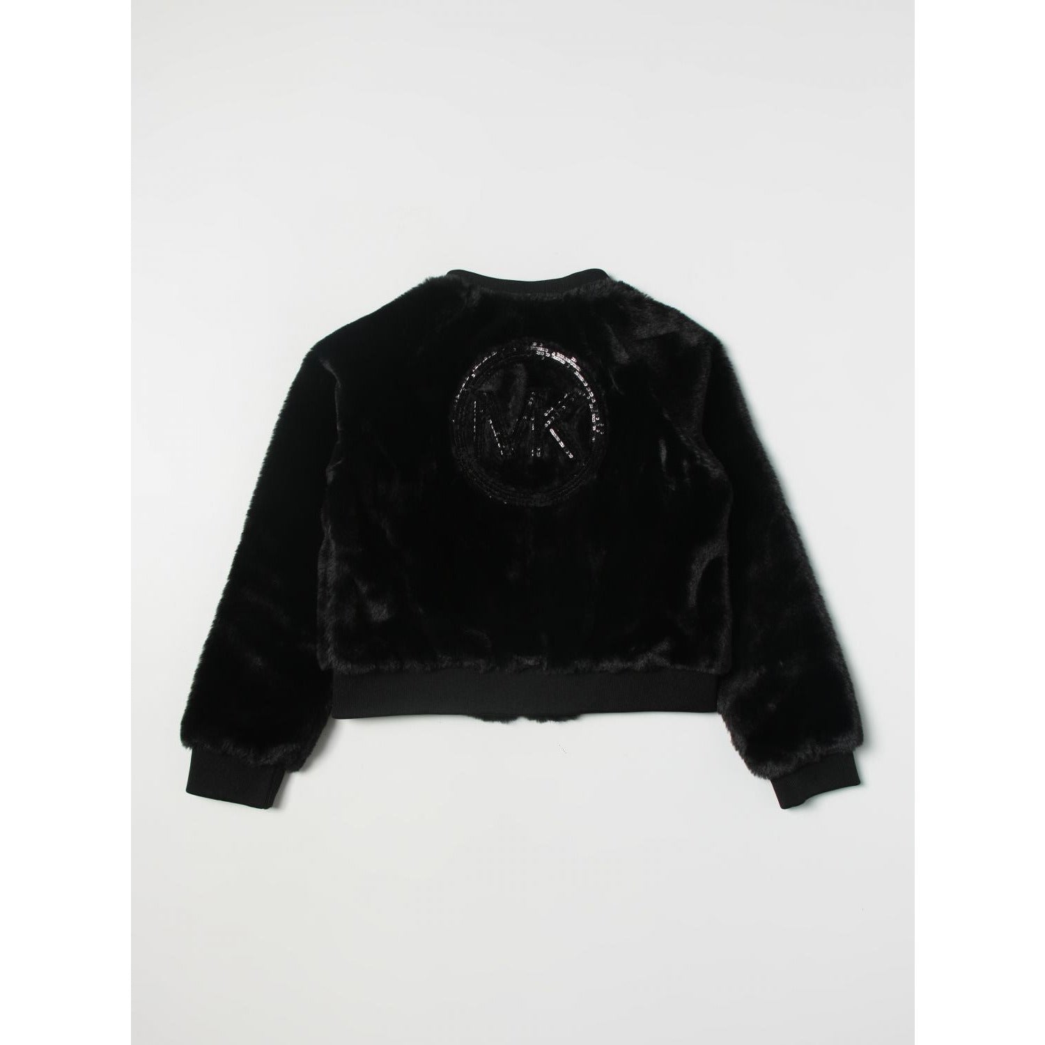 FAUX FUR SEQUIN EMBROIDERED LOGO BOMBER JACKET
